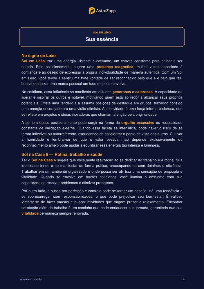 Página de leitura do Mapa Astral completo: Sol em Leão, com texto interpretativo